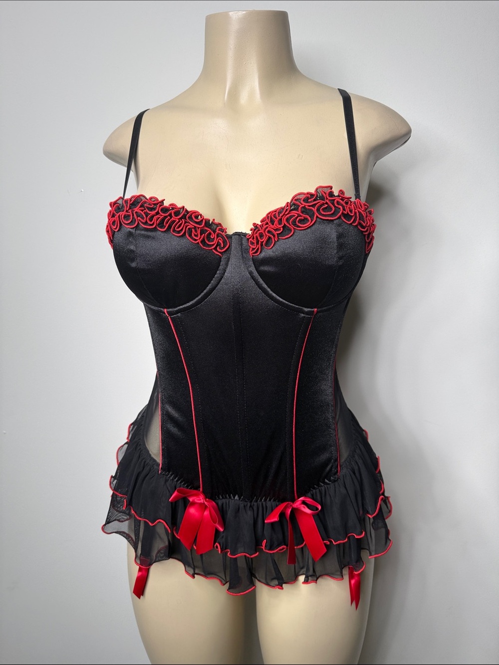 Frederick's of Hollywood Black Satin Bustier with Red Trim